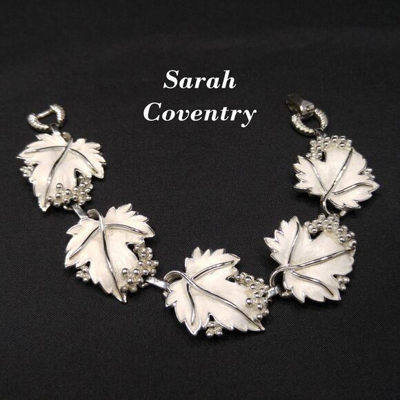 Sarah Coventry "Whispering Leaves" Bracelet, White Enamel, Silver Tone, 1960 - Picture 1 of 10